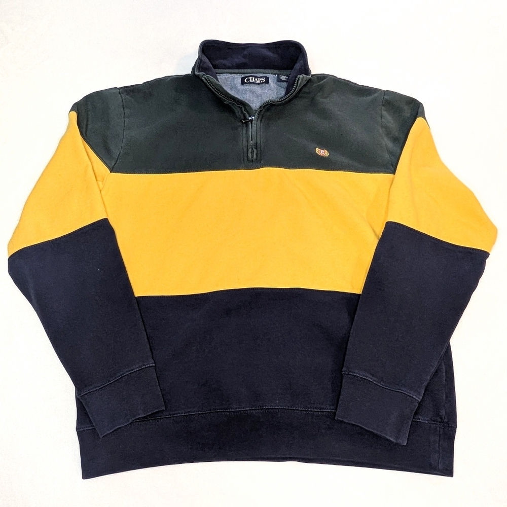 Vtg Chaps Striped Quarter Zip Pullover XL | Green Yellow Blue Y2K Retro Preppy